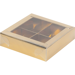 Коробка на 4 конфеты 12 см*12 см*3 см с пластиковой крышкой золото